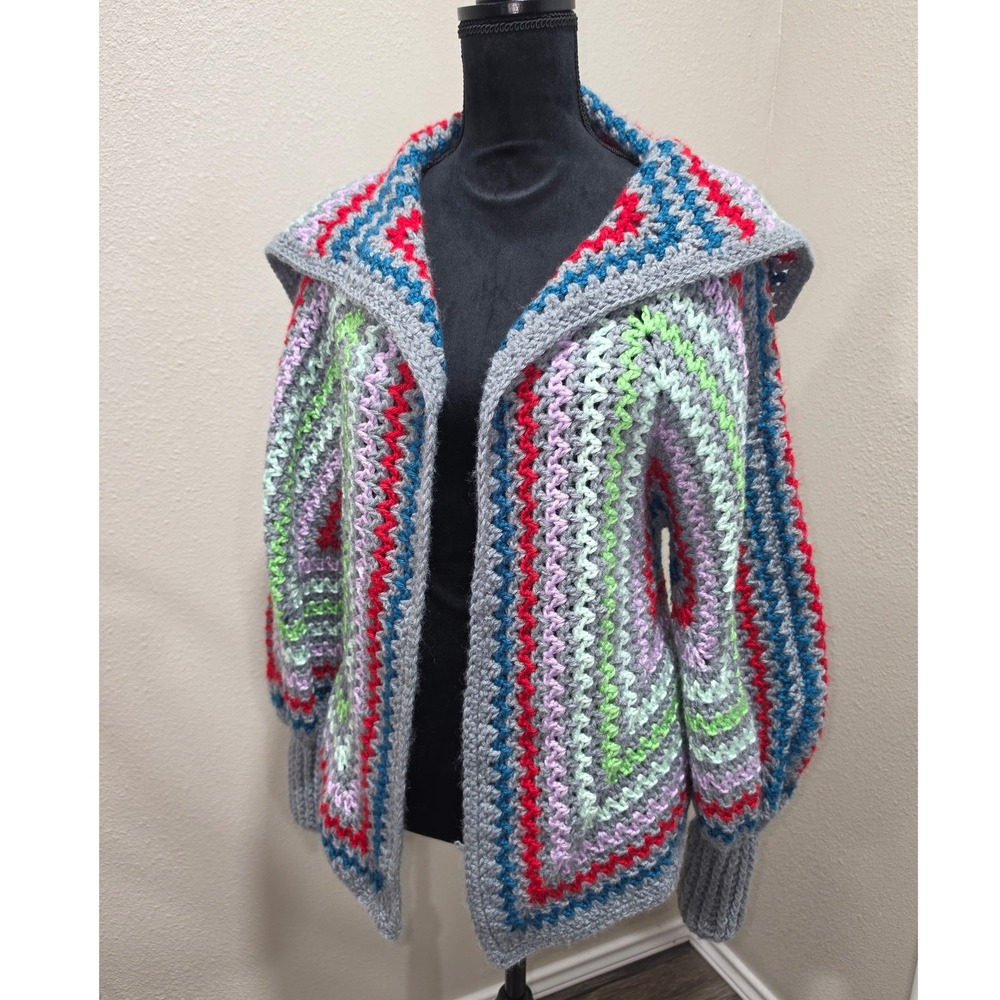 Handmade Crochet Cardigan Multi Color Geometric Chevron Open Front Sweater Gray